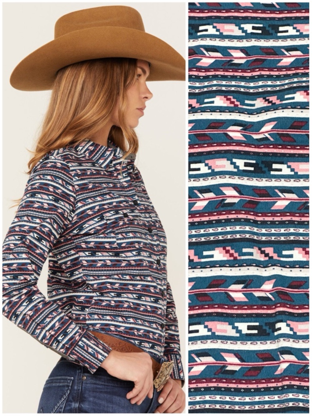 Rank 45 Women’s Heritage Riding Shirt Teal Western Print Long Sleeve Button Down